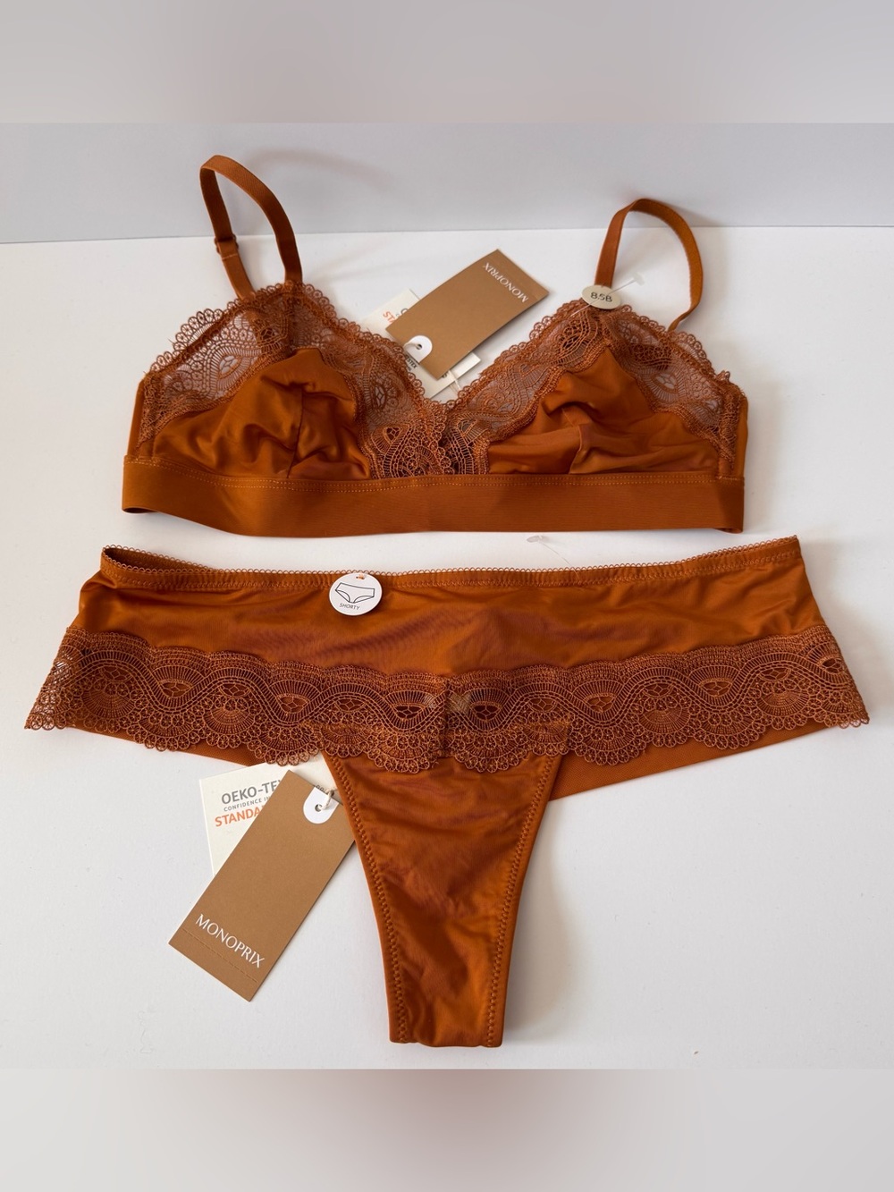 NWT Monoprix Lace-Trim Bralette & Thong Set, French Lingerie Set, Rust, sz small